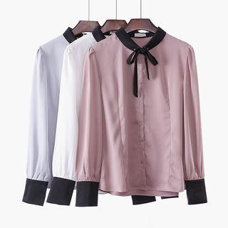 Long-sleeve Contrast-trim Bow-accent Blouse