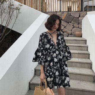 3/4-sleeve Tropical Print Mini Dress