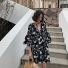 3/4-sleeve Tropical Print Mini Dress
