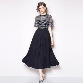 Mock Two-piece Short-sleeve Midi A-line Pleated Dress