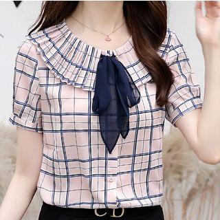 Short-sleeve Plaid Chiffon Blouse