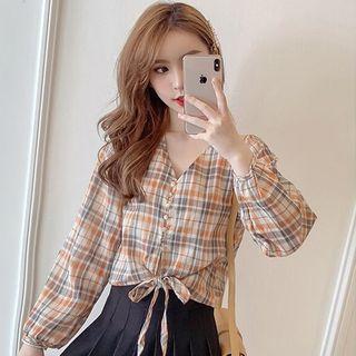 Tie-front Plaid V-neck Top
