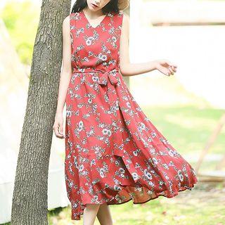Gathered-waist Floral Print Sleeveless V-neck Long Sheath Dress