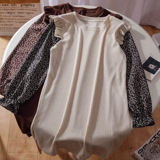 Mock Two-piece Long-sleeve Floral Print Panel Knit Dress