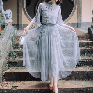 Set: Lace 3/4-sleeve Qipao Top + Camisole Top + Mesh Midi A-line Skirt