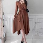 V-neck Long-sleeve Tie-waist Midi A-line Dress