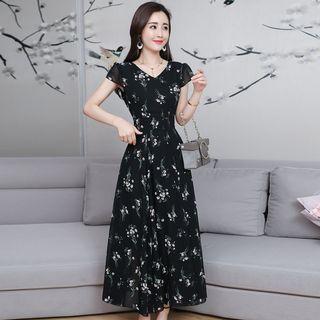 Printed Cap-sleeve A-line Maxi Dress