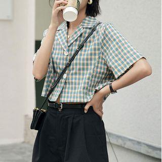 Elbow-sleeve Notch Lapel Plaid Shirt