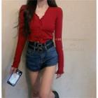 Long-sleeve Frill Trim Cardigan / High-waist Denim Shorts