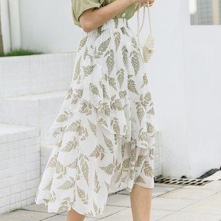 Leaf Pattern Midi Skirt Green - One Size