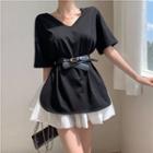 Short-sleeve Slit T-shirt / Mini A-line Skirt / Belt