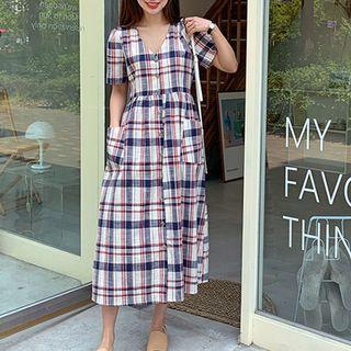 Plaid V-neck Midi Dress