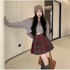Cropped Zip-up Hoodie / Plaid Pleated Mini A-line Skirt