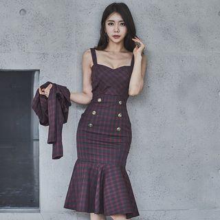 Set: Plaid Double-breasted Mermaid Dress + Cropped Jacket