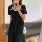 Short-sleeve Plain Midi A-line Dress Black - One Size