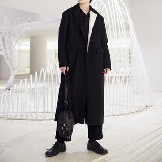 Two Tone Button-up Long Coat Black - One Size