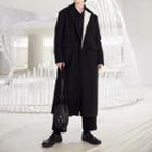 Two Tone Button-up Long Coat Black - One Size