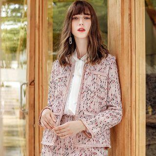 Tweed Fringed Trim Open Front Jacket