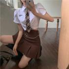 Short-sleeve Frill Trim Crop Shirt / Tie / Pleated Mini A-line Skirt / Set