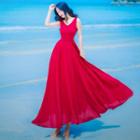 Sleeveless A-line Chiffon Midi Beach Dress