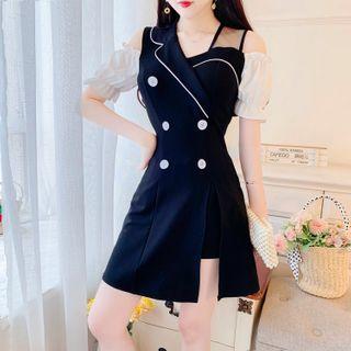 Short-sleeve Cold Shoulder Double Breasted A-line Dress