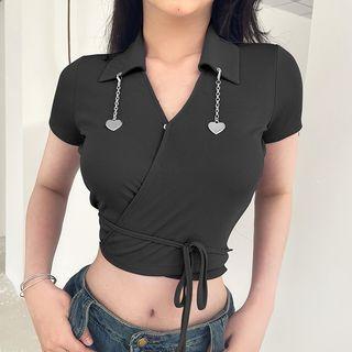 Short-sleeve Heart Charm Tie-waist Crop Top