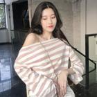Color-block Striped Off-shoulder Long-sleeve Top