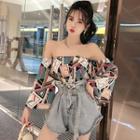 Off-shoulder Printed Long-sleeve Top / Denim Shorts