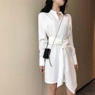 Long-sleeve Asymmetric Hem Split Neck Mini Dress