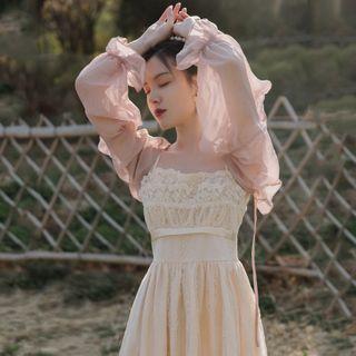 Set: Spaghetti Strap Lace Midi A-line Dress + Cropped Tie-front Jacket