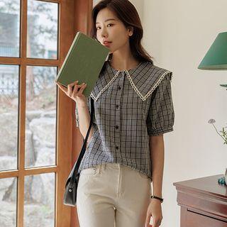 Sailor-collar Lace-trim Checked Blouse