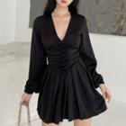Deep V-neck Single-breasted Ruched Mini Dress