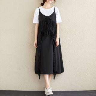 Set: Short-sleeve T-shirt + Spaghetti Strap Fringed A-line Midi Dress
