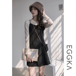 Set: Long-sleeve Top + Mini A-line Corduroy Pinafore Dress