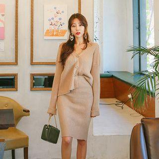 Set: V-neck Buttoned Rib-knit Cardigan + Skirt