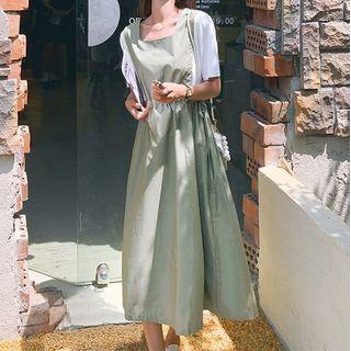 Short-sleeve Two-tone Drawstring Midi A-line Dress