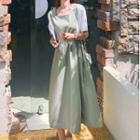 Short-sleeve Two-tone Drawstring Midi A-line Dress