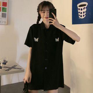 Butterfly Applique Elbow-sleeve Mini Shirtdress Black - One Size