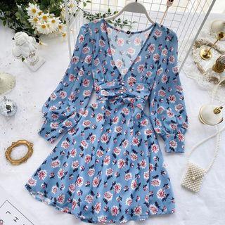 V-neck Floral Print Balloon-sleeve Chiffon Dress