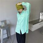 Long-sleeve Plain Button-up Shirt Green - One Size