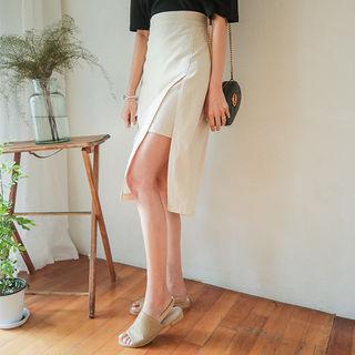Slit-side Overlay Midi Pencil Skirt