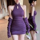 Halter-neck Shirred Bodycon Dress / Arm Sleeves / Cardigan / Set