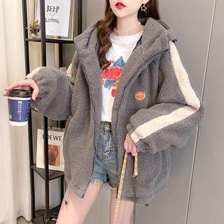 Embroidered Hooded Faux Shearling Zip Jacket
