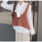 Bow Neck Pleated Blouse / V-neck Knitted Vest