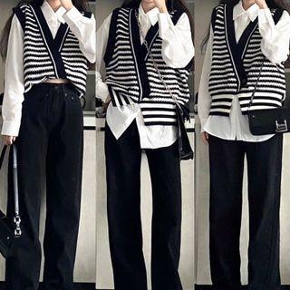 Striped Double-breasted Sweater Vest / Shirt / Straight Leg Pants / Set