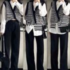 Striped Double-breasted Sweater Vest / Shirt / Straight Leg Pants / Set