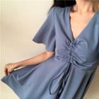 V-neck Plain Pleated Drawstring A-line Mini Dress Blue Dress - One Size