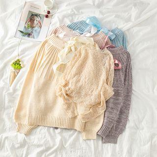 Set: Lace-up Plain Sweater + Long-sleeve Lace Top