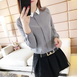 Long-sleeve Lace Collar Plaid Blouse