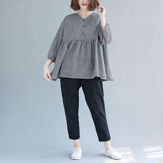 3/4-sleeve Plaid Blouse Plaid - Black - One Size
